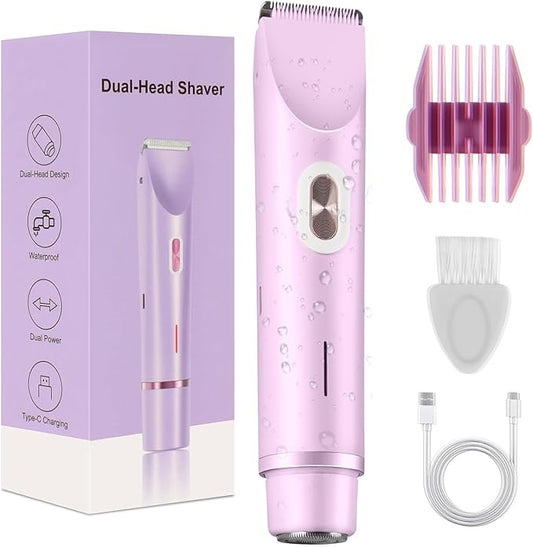 Dermave Bikini Shaver,Womens, Bikini Trimmer for Women, Glow Aura Electric Razor 2-in-1 Women's Body Shaver Dual Head Women's Trimmer for Leg Arm Body Grooming Tool (Purple)