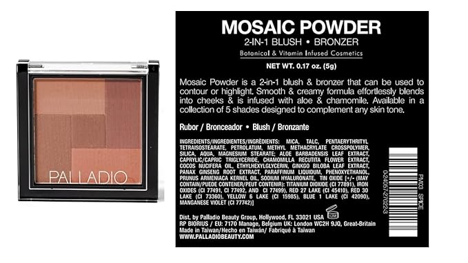 Palladio 2 In 1 Mosaic Powder Blush and Bronzer Silky Smooth Face Makeup Pressed Five Color Hues from Shimmering Pinks to Golden Browns Rich Pigmented Shades Flawless Finish, Spice, 0.28 Oz