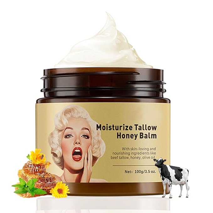 Whipped Beef Tallow and Honey Balm, Grass-Fed Beef Tallow & Raw Wild Honey Blend Moisturizer, 3.5oz, Tallow Face Moisturizer Body & Face Moisturizer Infuses the Body with honey To Moisturize the Skin