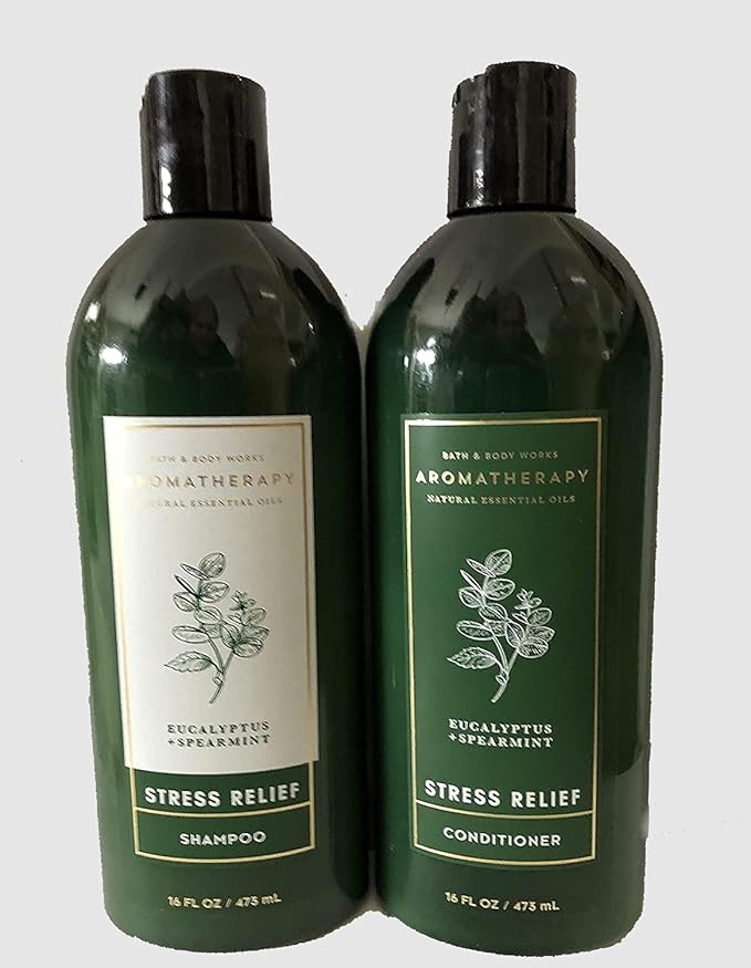 Bath and Body Works Aromatherapy Eucalyptus Spearmint Stress Relief Shampoo and Conditioner Set New Look 16 FL OZ each