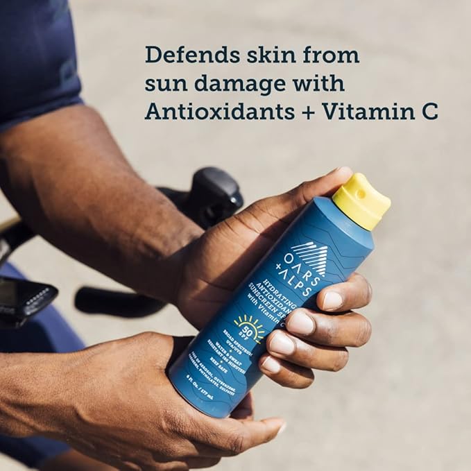 Oars + Alps Sunscreen Spray for Face & Body, SPF 50 Spray Sunscreen Infused with Vitamin C & Antioxidants, No White Residue, Water & Sweat Resistant, All Skin Types, Lightweight, Hydrating, 6oz, 1pk