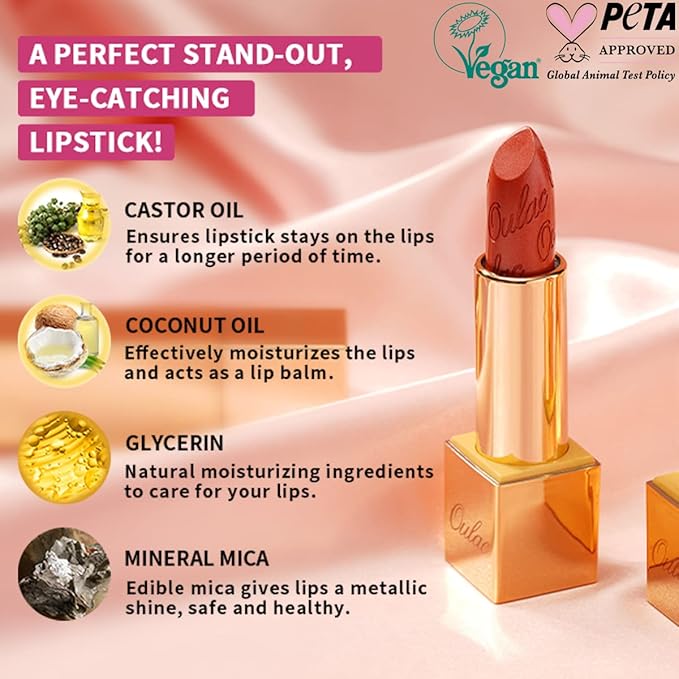 Oulac Pumpkin Color Lipstick with Metallic 3D Shine Hydrating Formula, High Impact Lip Color, Vegan Beauty, Full Coverage Lip Makeup, Christmas Gifts for Women, Persimmons(19)