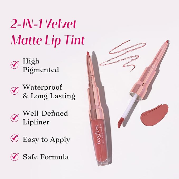 2-IN-1 Lip Liner and Lip Stain, High Pigmented Long Lasting Velvet Lip Tint, Well-Defined Lipliner, Weightless Waterproof Not Animal Tested, Matte Finish Makeup
