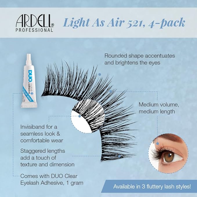 Ardell Light As Air 521 Lashes - Lightweight Natural False Eyelashes, Soft and Comfortable, 4 Pairs