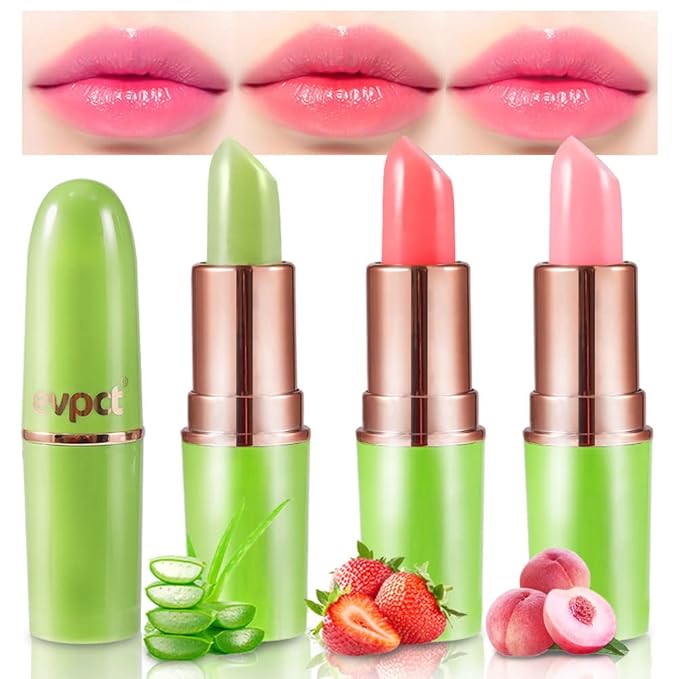 evpct 3Pcs Magic Color Changing Lipstick Long Lasting Waterproof 24 Hours Original for Women, Aloe Vera Strawberry Peach Pink PH Mood Permanent Color Changing Lipstick Lip Balm Gloss, labial magico