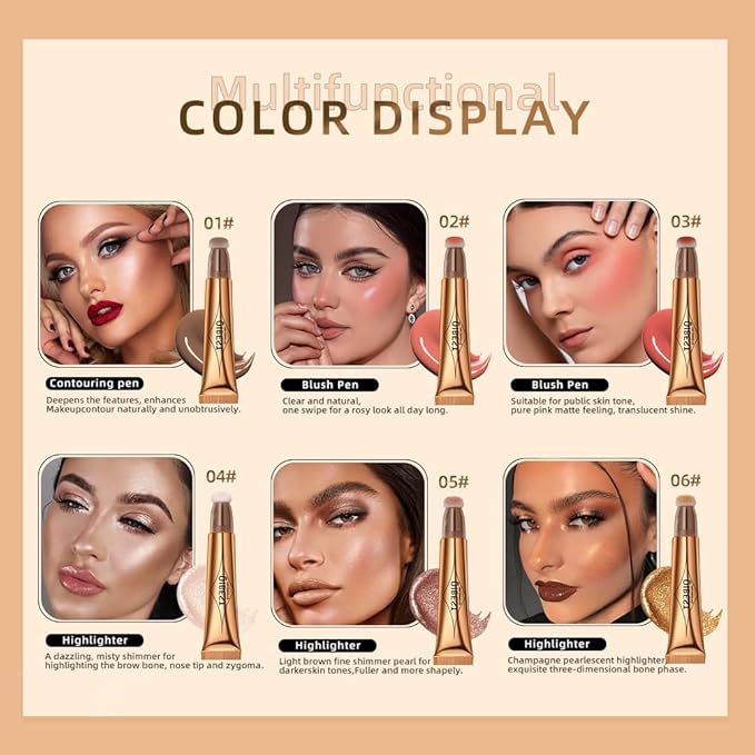 2 in 1 Multifunctional Makeup Pen, Contour Blush Highlighter, Pearl Fine Shine, Matte Natural Brighten Face Makeup (6, 1)