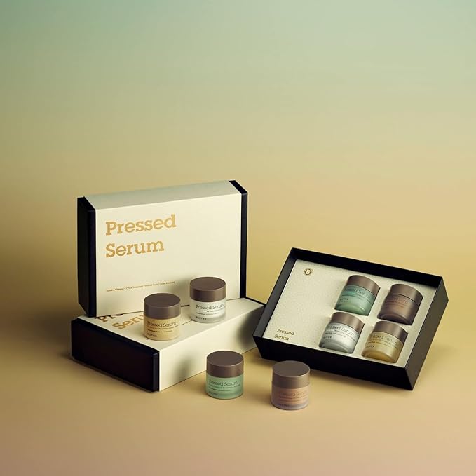 Blithe Pressed Serum Deluxe Collection Face Moisturizer - Hypoallergenic Facial Creams with Ingredients of Chaga Iceplant Yam & Apricot - Korean Beauty for All Seasons (Box Set 4pcs of 0.74 Fl Oz)