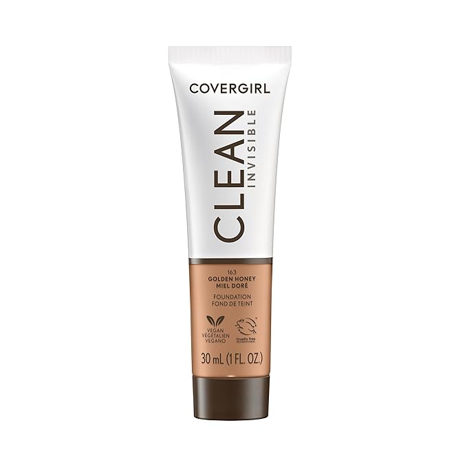 COVERGIRL Clean Invisible Foundation Makeup, Dewy & Glowy Natural Finish, Buildable Coverage, Skin-Like Smooth Look, Vegan, Golden Honey, 1oz