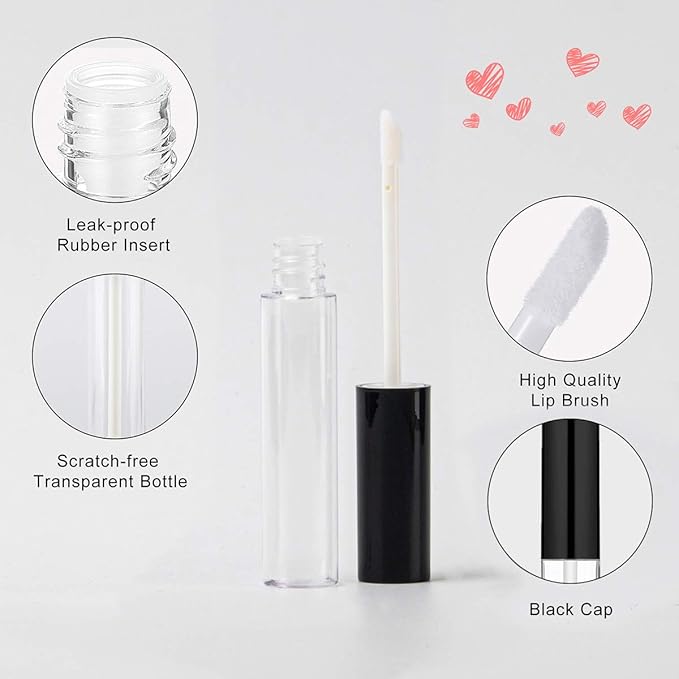 GTHER 10PCS 10ML Empty Lip Gloss Containers Tube with Wand, Refillable Lip Balm Bottles, Lipstick Sample Container and Funnel and Rubber Stoppers for Girls DIY Lip Samples, Black Top