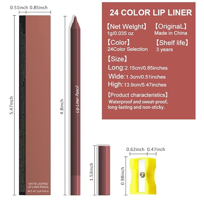 evpct 1Pcs Chestnut Matte Long Lasting Lip Liner Pencils Makeup for Shaping & Sculpting Lips, No Transfer Long Wear Waterproof Pigmented Lip Liner lipliners Crayon Lipstick Pencil Sharpener 12