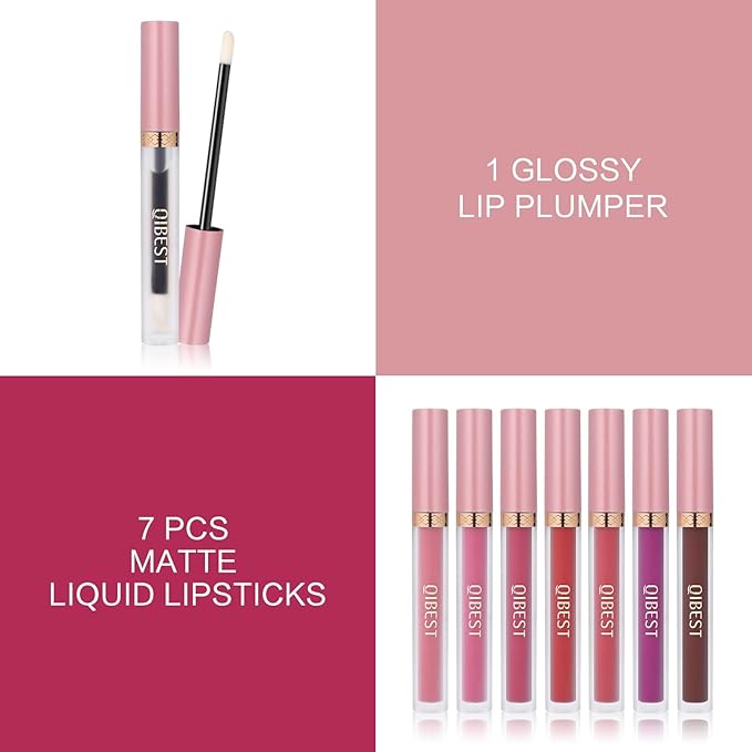 QiBest 7Pcs Matte Liquid Lipstick and 1Pcs Lip Plumper Makeup Set, Pigmented Waterproof Halloween Lip Make Up Valentine's Gift Lip Gloss Sets Long Wearing Velvet Lip Kit for Teens & Women