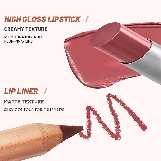 2Pcs Lipstick and Lip Liner Combo, Lip Liner and Lip Gloss Kit for Women, Matte Lip Pencil and Smooth Hydrating Lipstick with Sharpener, Non-Stick Lip Makeup Set