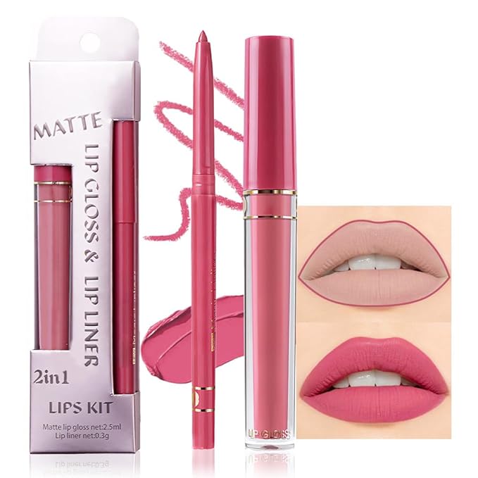 evpct 2Pcs Nude Pink Matte Lip Liner and Lipstick Lip Gloss Stains Pencils Set for Women Long Lasting Waterproof