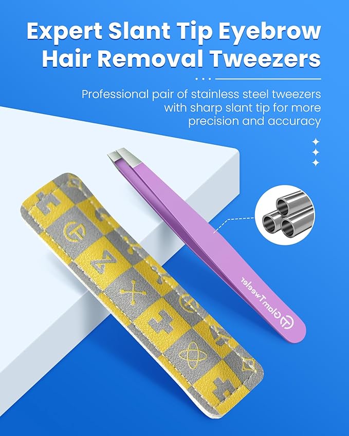 Expert Slant Tip Tweezers with Leather Case, GlamTweeler Sharp & Precision Stainless Steel Tweezer for Eyebrows, Facial Hair and Fine Hairs Removal (Violet)