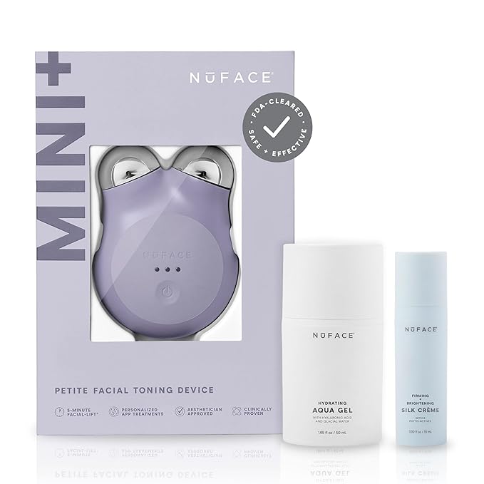NuFACE MINI+ Microcurrent Facial Device Kit - FDA Cleared Face Sculpting & Skin Tightening Device to Contour, Lift & Tone + Microcurrent Gel Activator & Silk Creme - Violet Dusk