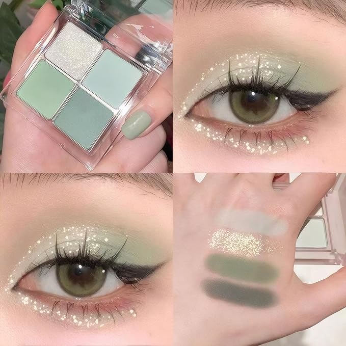 Matte Light Green Glitter Eye Shadow Makeup Palette 4 Colors, Highly Pigmented Mint And Seafoam Green Waterproof Eyeshadow Palette For Woman