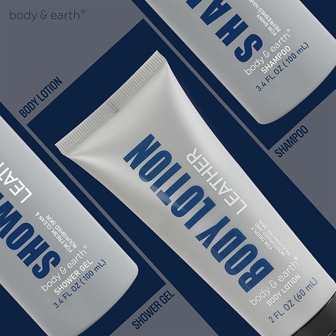 Bath and Body Gift Set for Men Self Care Kit with Leather Scent Shower Gel, Body Lotion, Shampoo, Self care gifts for Men,regalos para hombre, Birthday Gifts for Him