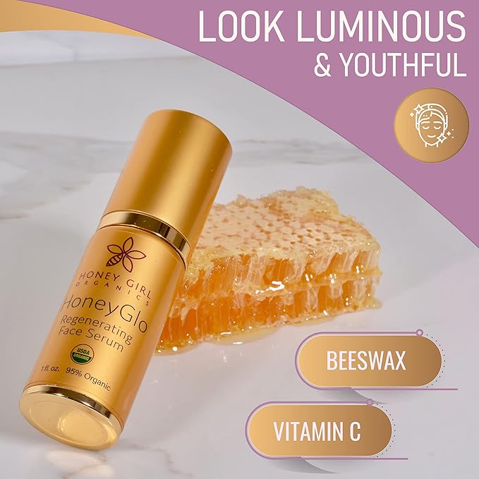 Honey Girl Organics HoneyGlo Regenerating Face Serum, USDA Certified Organic Facial Serum for Women Softens and Moisturizes Skin with Enriched Beehive Ingredients, Vitamin C and EVOO (1 oz)