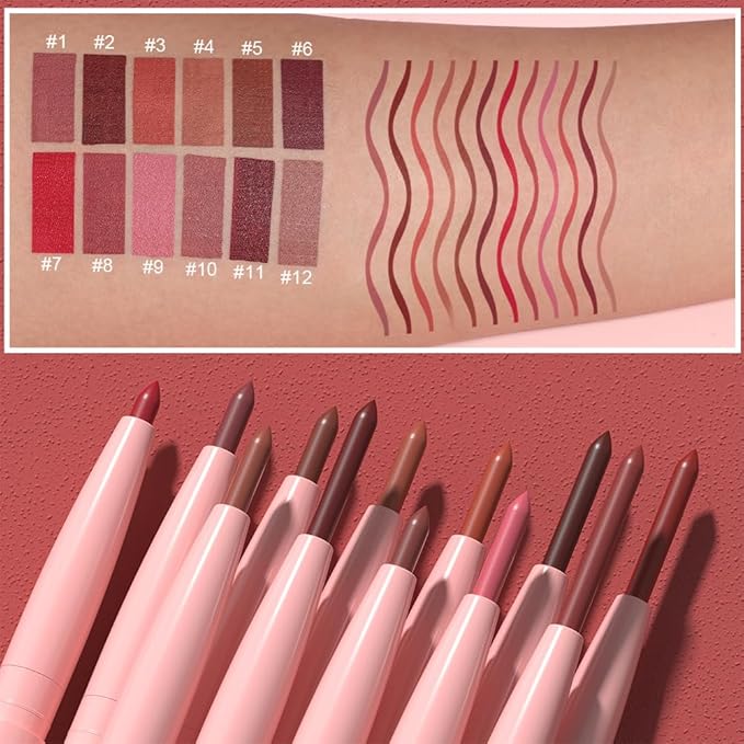 12 Colors Retractable Lip Liner Kit for Define & Sculpting Lips Shades, Long Lasting Waterproof High Pigment Matte Finish Creamy Texture Lip Liner Pencil Set for Women