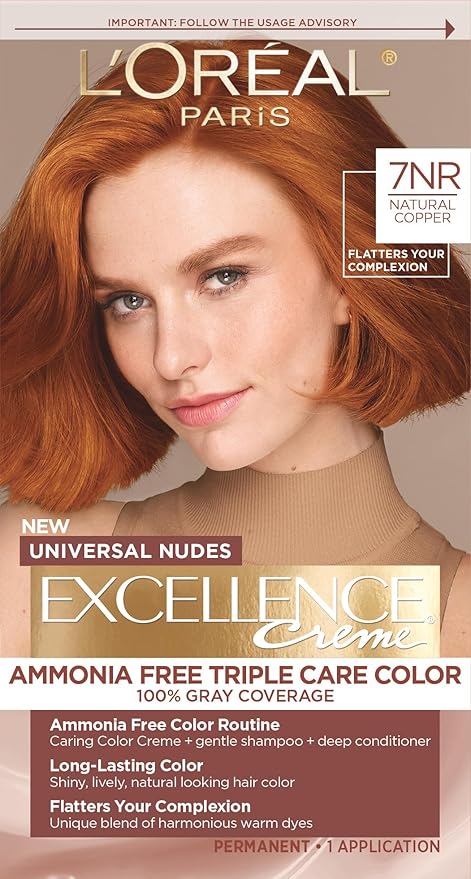 L’Oreal Paris Excellence Universal Nudes Permanent Hair Color, Ammonia Free Hair Dye for Gray Hair Coverage, 7NR Natural Copper, 1 Hair Dye Kit
