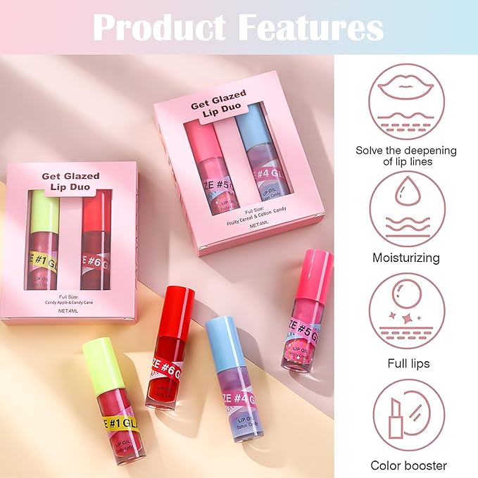 Lip Gloss Oil Set-2 Colors Hydrating Tinted Lipgloss Lip Glow Oil,Non-sticky Shiny and Vegan Lip Glaze, Glitter Crystal Jelly Lip Glaze,Women's Day Makeup Gift Kit for Women Girl-Set D