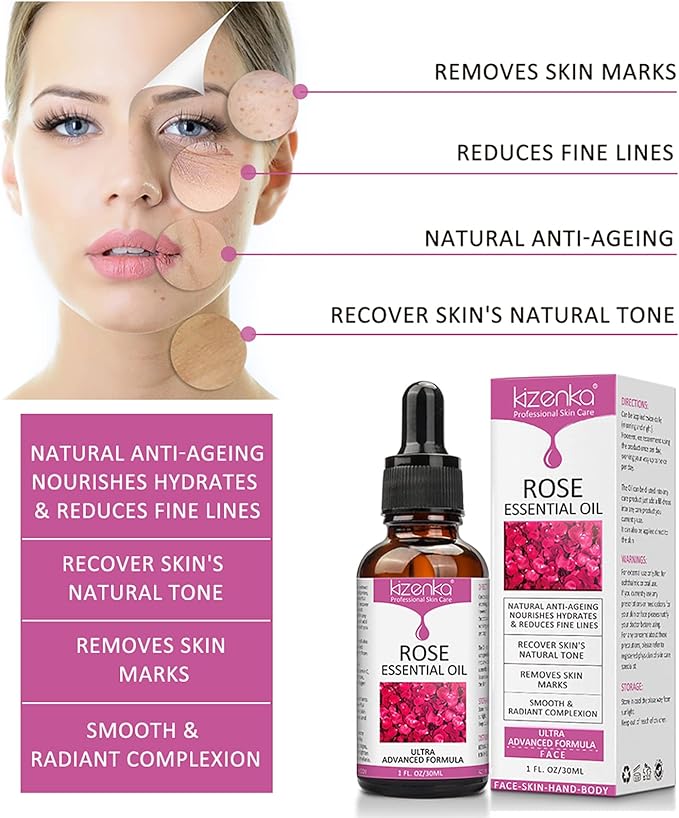 Rose Essential Oil, Face Rose Oil, Moisturizer Rose Oil, Anti Ageing & Anti Wrinkle Serum, Rose Oil for Face, Skin Care, 1 FL.OZ (30ml)