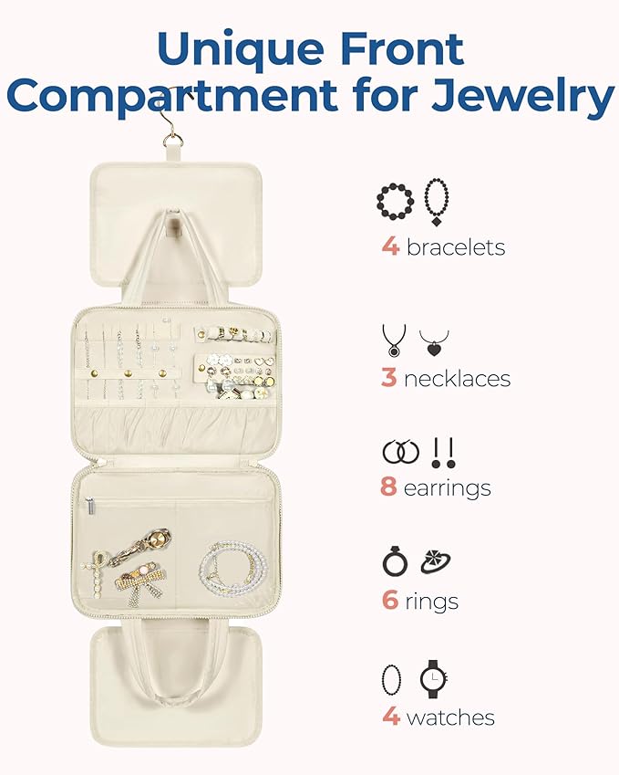 BAGSMART Travel Toiletry Bag with Jewelry Organizer, Hanging Travel Bag for Toiletries, Puffy Makeup Cosmetic Bag Organizer, Carry-on Travel Accessories Essentials, Beige-M