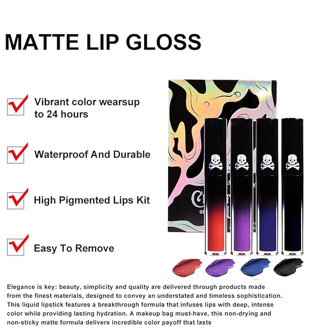 4PCS Halloween Matte Liquid Lipstick Lip Kit,24 Hour Long Lasting Red Lipgloss,Waterproof Smudge Proof Matte Lip Glaze,Gothic Festive Lip Gloss