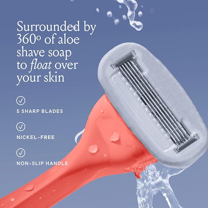 Billie Razors for Women Shave Kit – Women’s Razor + 4 x 5-Blade Razor Refills + Magnetic Holder – Coral