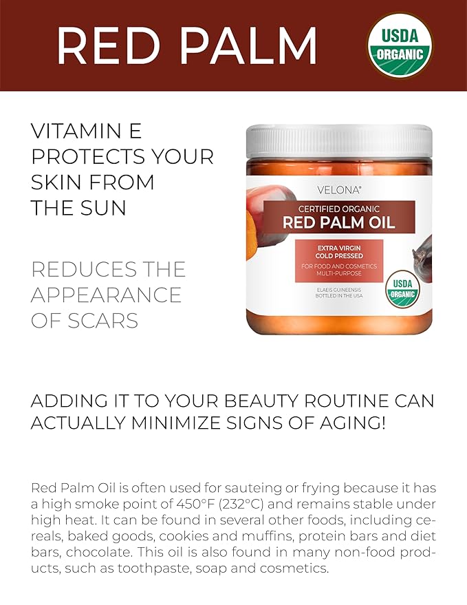 velona USDA Certified Organic Red Palm Oil 4 Fl Oz | Food and Cosmetic Grade | in jar | Extra Virgin, Cold Pressed | Skin, Face, Body, Hair Care | Use Today - Enjoy Results