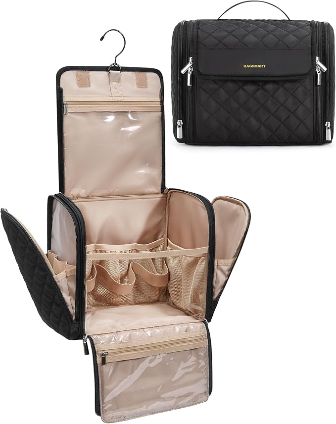 BAGSMART Hanging Travel Toiletry Bag, Large Capacity Water-resistant Cosmetic Organizer with Handle for Brushes Accessories, Black