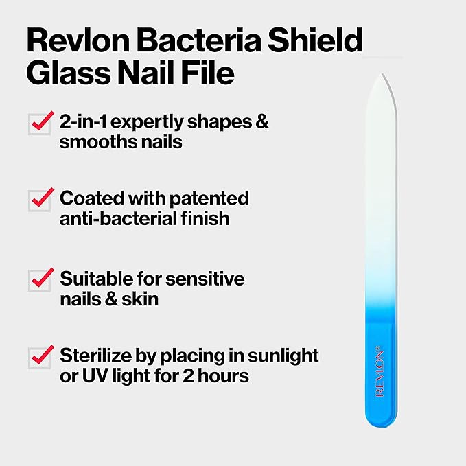 Revlon Glass Nail File, Manicure Tool for Shaping Natural Fingernails, Self-Cleaning with Bacteria Shield Technology, 1 Count