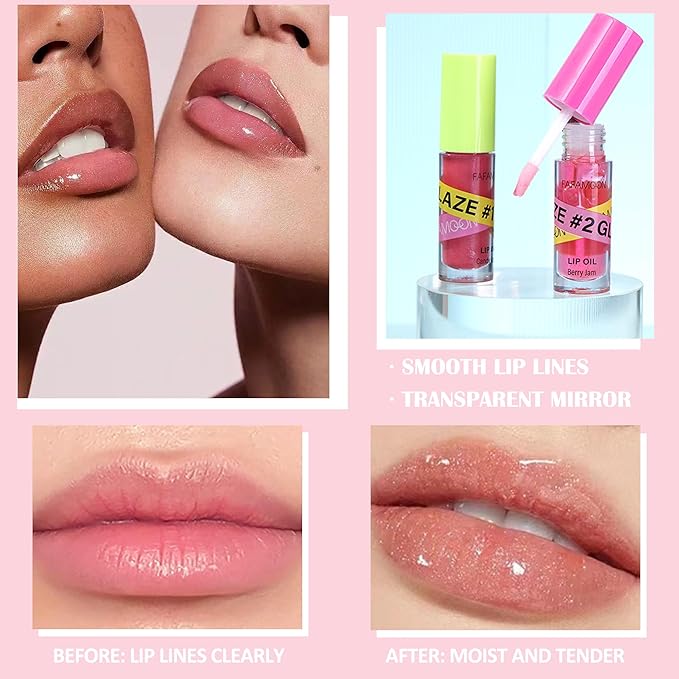 Lip Gloss Oil Set-2 Colors Hydrating Tinted Lipgloss Lip Glow Oil,Non-sticky Shiny and Vegan Lip Glaze, Glitter Crystal Jelly Lip Glaze,Women's Day Makeup Gift Kit for Women Girl-Set D