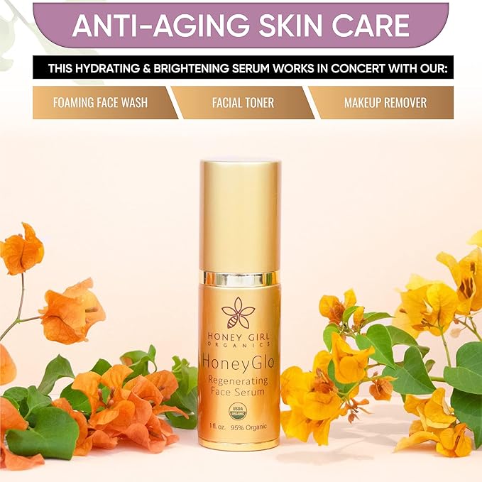 Honey Girl Organics HoneyGlo Regenerating Face Serum, USDA Certified Organic Facial Serum for Women Softens and Moisturizes Skin with Enriched Beehive Ingredients, Vitamin C and EVOO (1 oz)