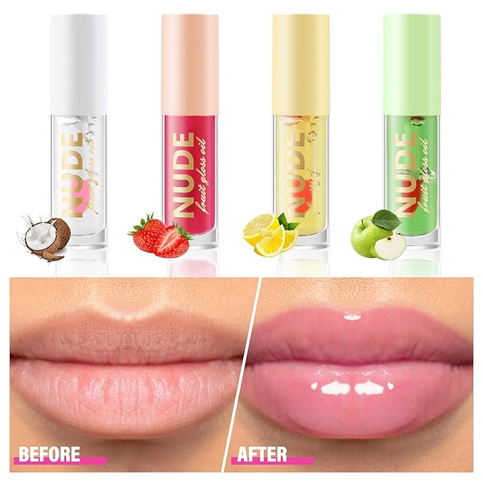 Color Changing Lip Oil Set, Hydrating Lip Glow Oil, High Shiny Plumping Lip Oil, Non-Sticky Lip Gloss, Nude Fruity Glow Oil