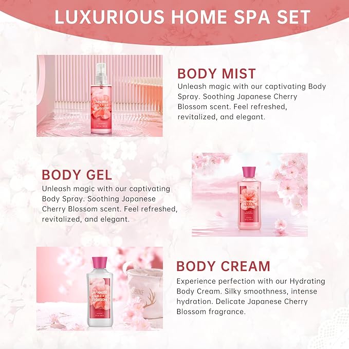 Bath Gift for Women and Girls, Japanese Cherry Blossom Spa Set With Natural Extracts, 3PCS Set - Shower Gel, Lotion, Mist, Personal Self Care Kit, Body Care Travel Set