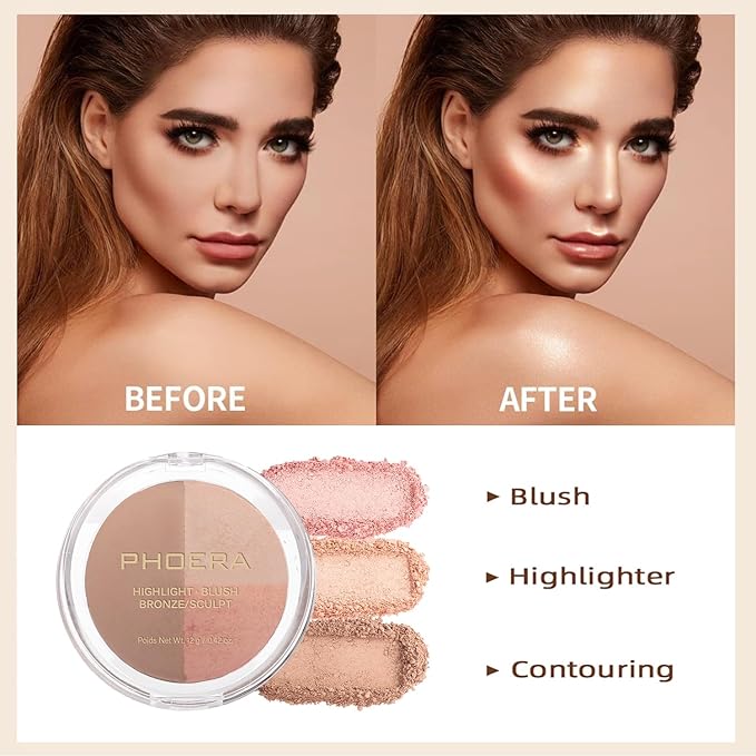 PHOERA Foundation, PHOERA Contour Palette,Shades with Highlighter & Contour/Nude+ Nude+#002)