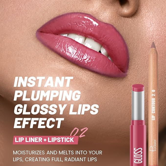 2Pcs Lipstick and Lip Liner Combo, Lip Liner and Lip Gloss Kit for Women, Matte Lip Pencil and Smooth Hydrating Lipstick with Sharpener, Non-Stick Lip Makeup Set