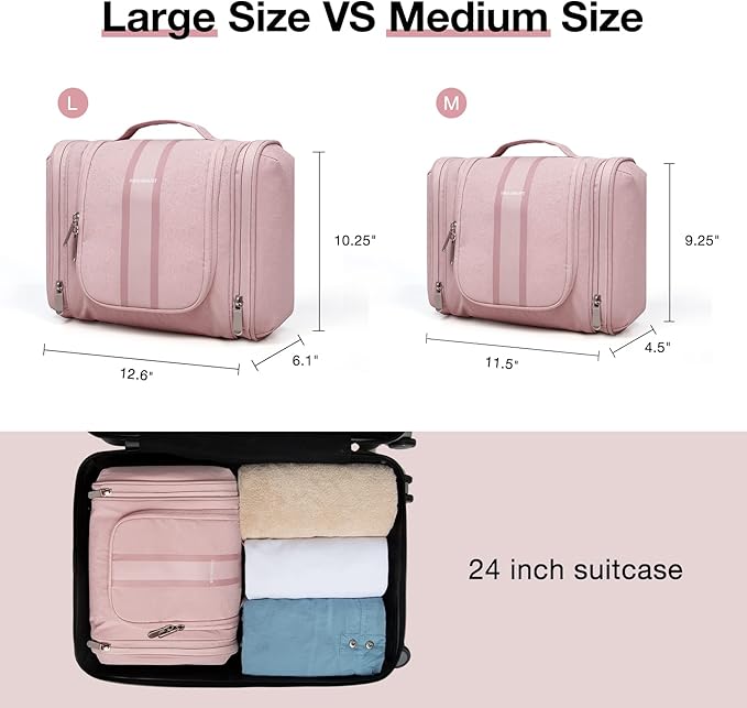 BAGSMART Extra Large Toiletry Bag Hanging Toiletry Bag for Travel, Water-resistant Cosmetic Makeup Large Capacity Bag Organizer for Full Sized Toiletries, Pink