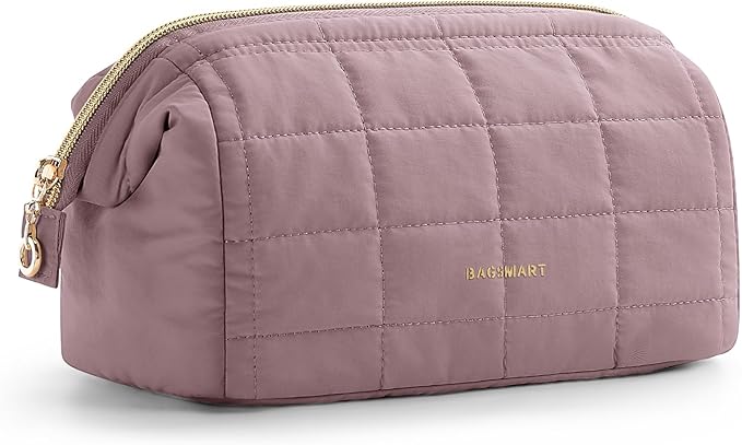 BAGSMART Makeup Bag Travel Cosmetic Bag, Puffy Padded Make Up Bags for Women Makeup Organizer Case, Wide-open Pouch Purse Travel Essentials Toiletries Accessories Brushes, Grayish Purple
