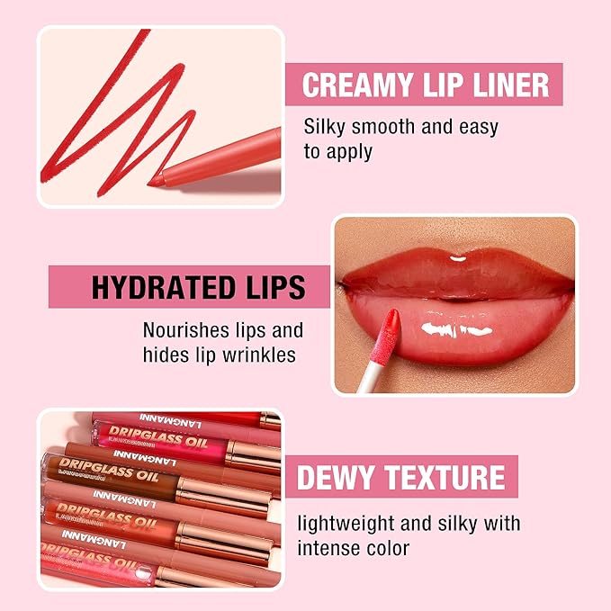 Jolilab Matte Lip Liner Lip Oil Set, Lip Makeup Set Natural Smooth Long-Lasting And Hydrating Beauty Daily Cosmetics Gift for Girls Easy-to-Use(12pcs)