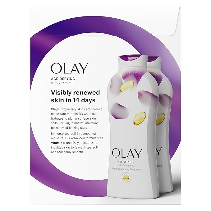 Olay Body Wash for Women, Age Defying with Vitamin E, 24hr Moisturizing, Hydrating & Refreshing, B3 Vitamin Complex, Free of Parabens & Phthalates, For All Skin Types, Scented, 22 fl oz (Pack of 2)
