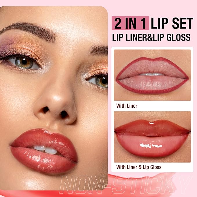 Jolilab Matte Lip Liner Lip Oil Set, Lip Makeup Set Natural Smooth Long-Lasting And Hydrating Beauty Daily Cosmetics Gift for Girls Easy-to-Use(12pcs)