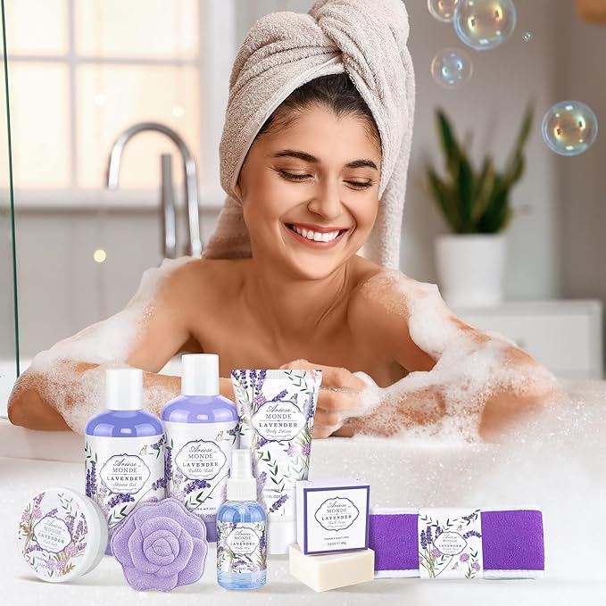 Lavender & Jasmine Scented Spa Gift Set for Women, Includes Body Lotion, Shower Gel, Salts, Bubble Bath, Body Mist, Soap, Bath Bombs
