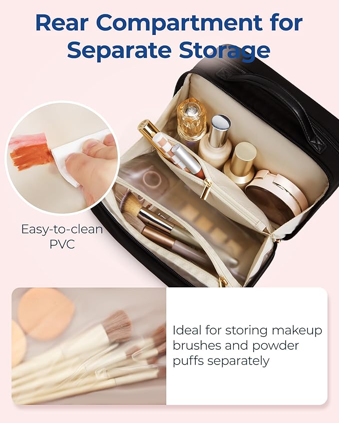 BAGSMART Toiletry Bag for Women, Travel Makeup Bag Organizer, Wide-open Make Up Bag Cosmetic Bags for Women for Travel Essentials Toiletries Accessories Bottles, Brushes, Black