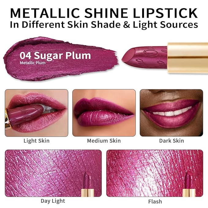 Oulac Purple Lipstick for Women with Metallic 3D Shine Lightweight Hydrating Formula, High Impact Lip Color, Vegan Beauty, Full Coverage Lip Makeup, Christmas Gifts for Women, Sugar Plum (04)
