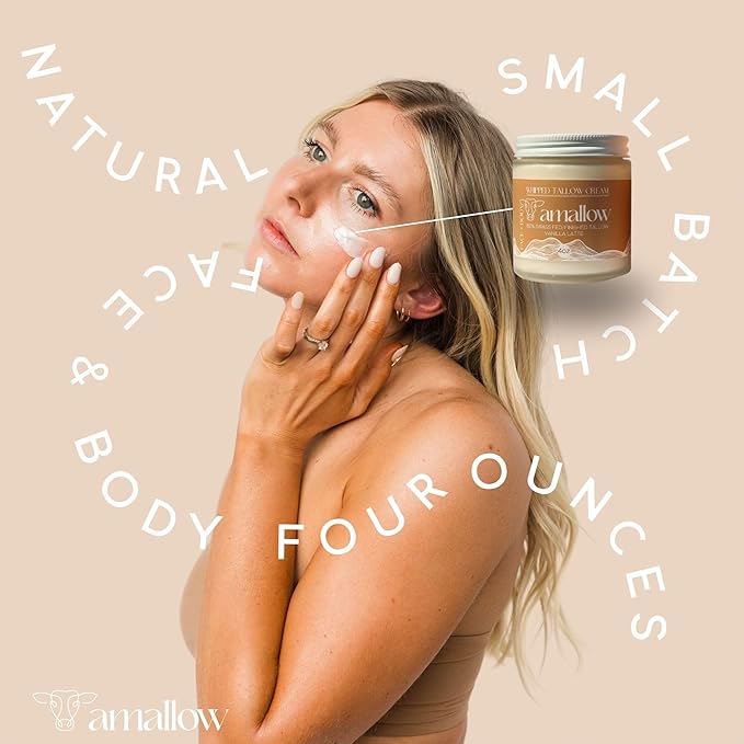 100% Grass Fed Beef Tallow for Skin Care - Face + Body - Whipped Moisturizer - Natural Lotion, 4 FL. oz. (Vanilla Latte)