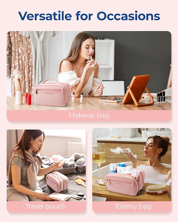 BAGSMART Travel Makeup Bag Large Capacity Cosmetic Bag, Wide-open Portable Make Up Bag Organizer for Women for Travel Essentials Toiletries Accessories Bottles, Brushes, Pink