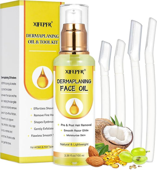 Dermaplaning Kit, Dermaplane Oil with Dermaplaning Tools, Shave Oil for Women, Softens Area Pre Shave & After Shave, Use with Face Razor, Face Shaver, Eyebrow Razor, Microblade
