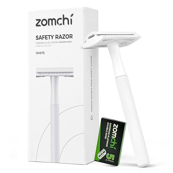 ZOMCHI Double Edge Safety Razor for Men & Women, Metal Razor with 5 Double Edge Safety Razor Blades, Single Blade Razor – White